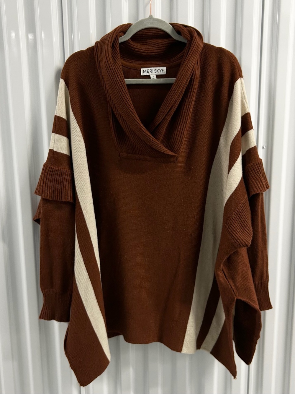 Meri Skye | Brown & Cream Cowl Neck Poncho Sweater Size 1X